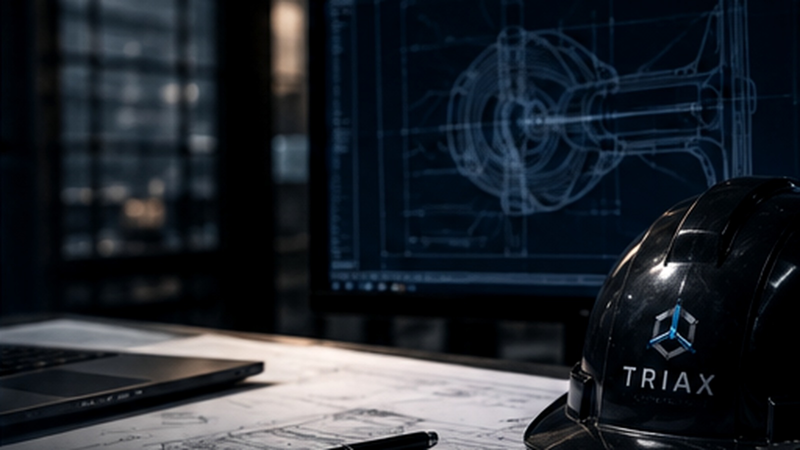 Desenho técnico mecânico e paquímetro sobre bancada escura